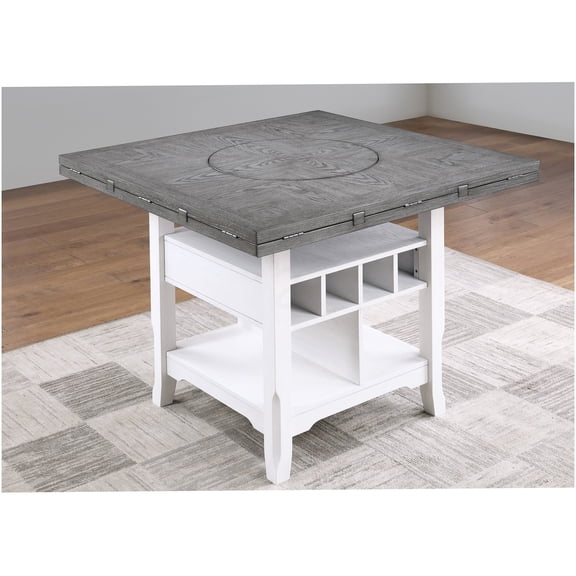 Round to Square Counter Height Dining Table with Lazy Susan, Antique White/Gray, Built-in Storage Shelf, Convertible Drop Leaf Design for Kitchen and Dining Room