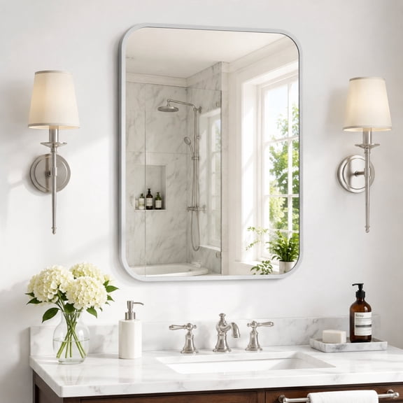 COFENY Rounded Rectangle Bathroom Mirror, 18x24 inch Silver Metal Frame for Bedroom and Entryway