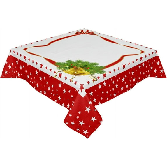 Round/Square Tablecloth 60x60 Inch Christmas Bells Bow Red Waterproof Table Cloth, Polyester Washable Table Covers for Dining Table, Parties, Camping Merry Xmas Star