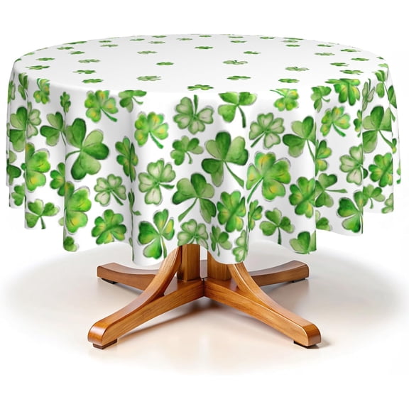 Round St Patricks Day Tablecloth 60 Inch Saint Patrick''s Clover Shamrock Decoration Green White Print Farmhouse Decorative Washable Polyester Table Cloth for Party Picnic Home Kitchen Decor