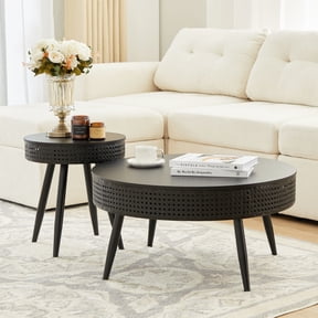 Round Stacked Nested Coffee Table Set of 2, Black Modern Embedded Circular Side Table with Storage Function, Space-Saving Furniture for Living Room Bedroom Home Office