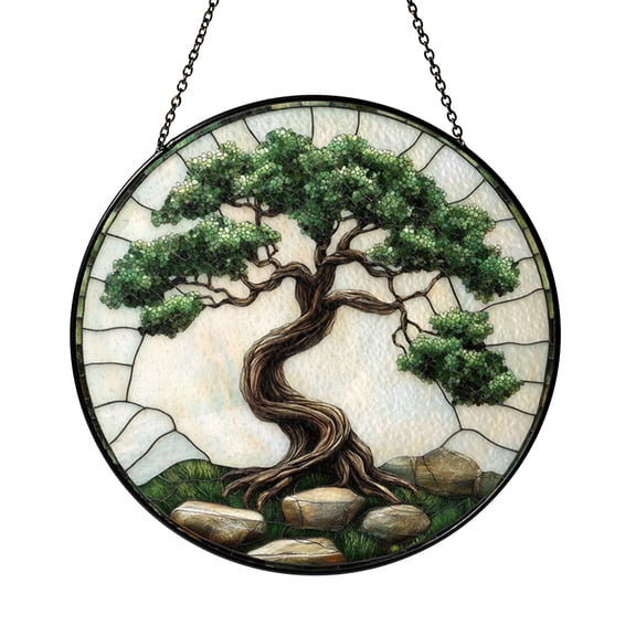 Round Stained Glass Bonsai Window Decor Featuring Sculpted Tree Form and Calm Nature Style