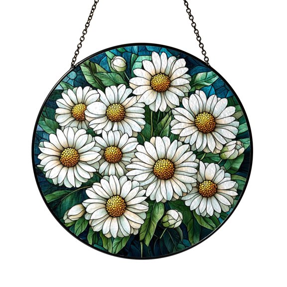 Round Stained Glass Daisy Window Decor Featuring Bright White Petals, Natural Floral Hanging Art Panel