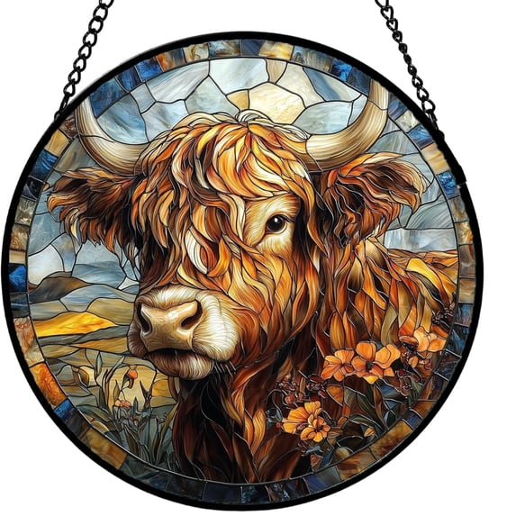Round Stained Glass Hanging Panel Featuring Highland Cow Design for Window or Wall Display with Metal Chain Included