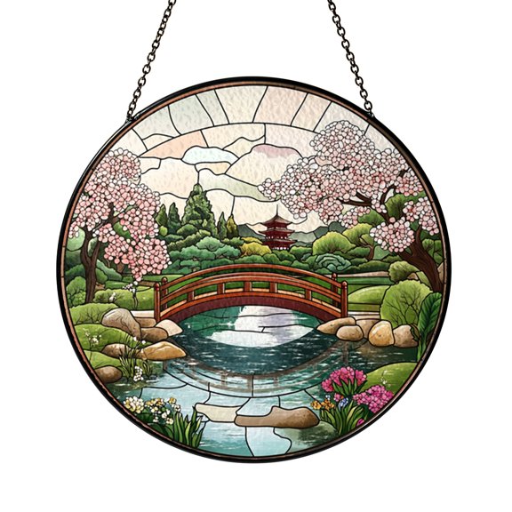 Round Stained Glass Japanese Garden Window Decor Featuring Calm Nature Elements and Balanced Design