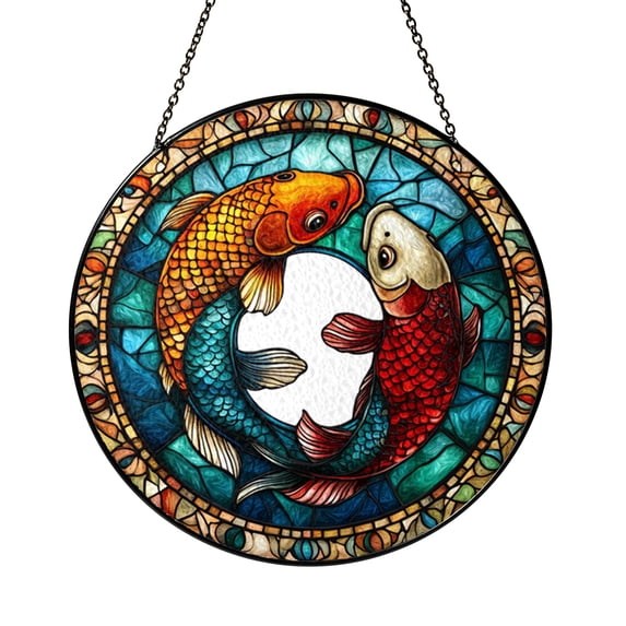 Round Stained Glass Koi Fish Window Decor Featuring Yin Yang ...