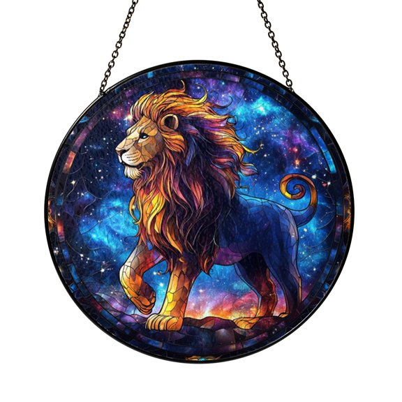 Round Stained Glass Leo Window Decor Featuring Majestic Lion Motif and Radiant Cosmic Pattern