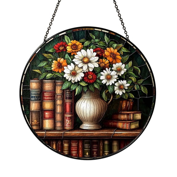 Round Stained Glass Library Window Decor Featuring Bookshelf Scene and Soft Botanical Accents