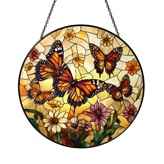 Round Stained Glass Monarch Butterfly Window Art Meadow Floral Scene Decorative Glass Suncatcher for Home Interior Window Accent