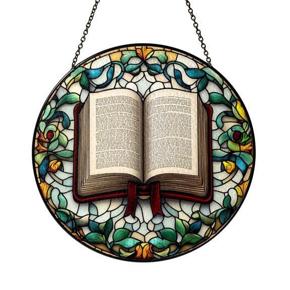Round Stained Glass Open Book Window Decor Featuring Clean Page Layout and Balanced Color Flow