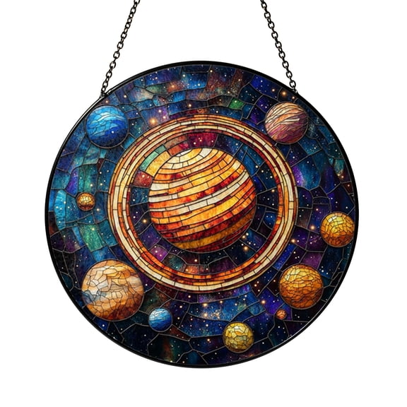 Round Stained Glass Planet Window Decor Featuring Solar System Layout and Balanced Celestial Colors