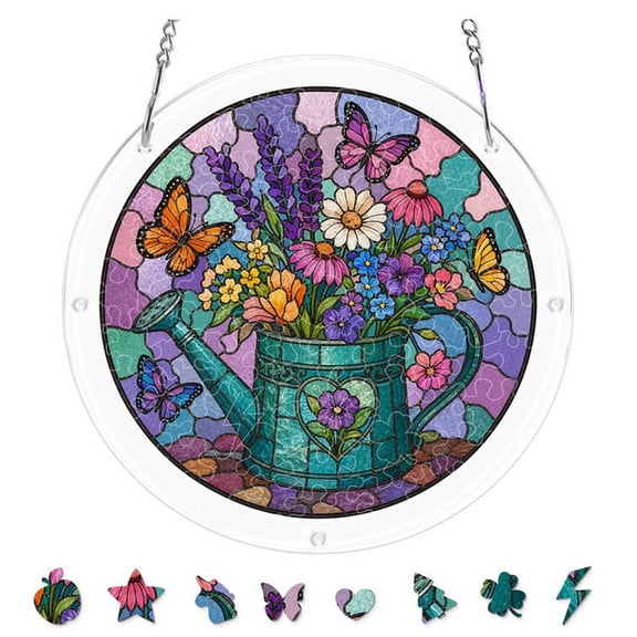 Round Stained Glass Style Acrylic Puzzle Suncatcher 7.4 Inch Double Sided Light Catcher Window Hanging Ornament DIY Assembly Decor for Patio Balcony Home Housewarming Holiday Gift,E