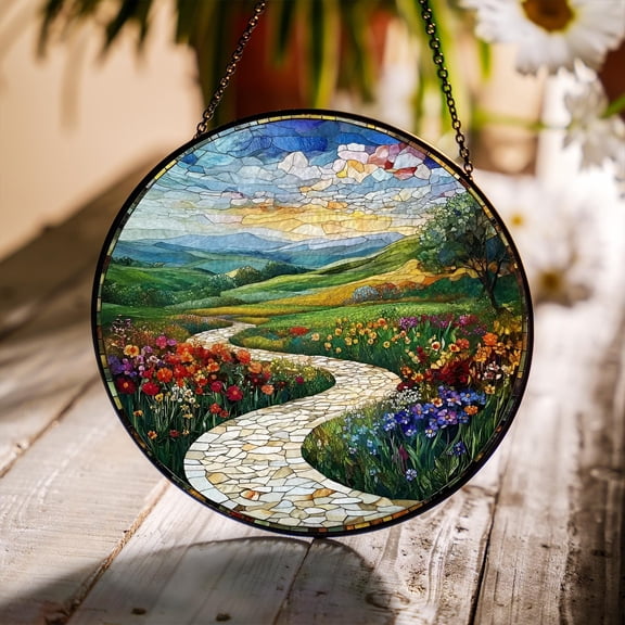 Round Stained Glass Suncatcher, Landscape Garden Path with Colorful Flowers, Handmade Mosaic Art Panel, Home Decor Gift, Nature Scene 4316499192 6173