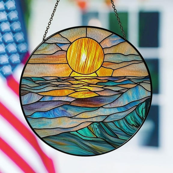 Round Stained Glass Suncatcher  Ocean Sunset with Glowing Sun, Waves in Blue, Aqua & Gold Tones  Coastal Window Hanging Art