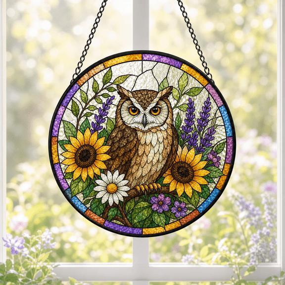 Round Stained Glass Suncatcher Owl Window Hanging Gift for Garden and Bird Lovers