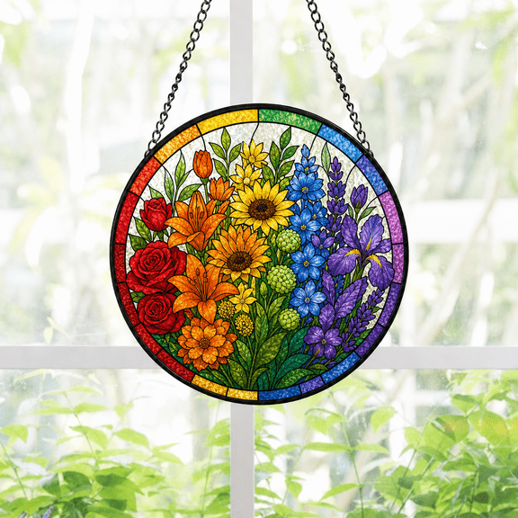 Round Stained Glass Suncatcher Rainbow Floral Bouquet Window Hanging Gift