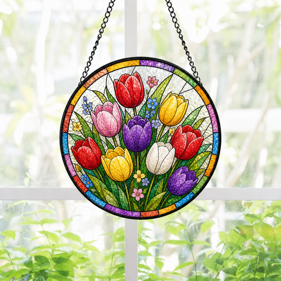 Round Stained Glass Suncatcher Rainbow Tulip Bouquet Window Hanging Gift