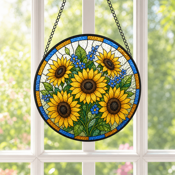 Round Stained Glass Suncatcher Sunflower Window Hanging Gift for Mom or Dad