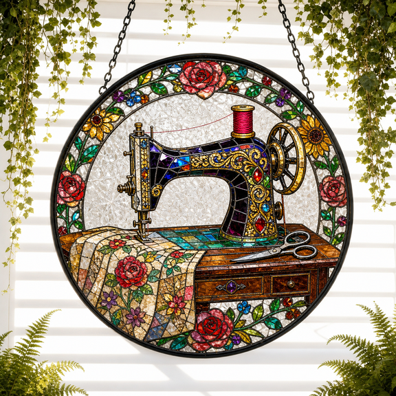 Round Stained Glass Suncatcher Window Hanging Acrylic Antique Sewing Machine Gift