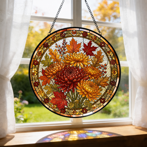 Round Stained Glass Suncatcher Window Hanging Acrylic, Autumn Floral Gift