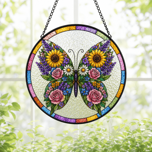 Round Stained Glass Suncatcher Window Hanging Acrylic Butterfly Floral Gift
