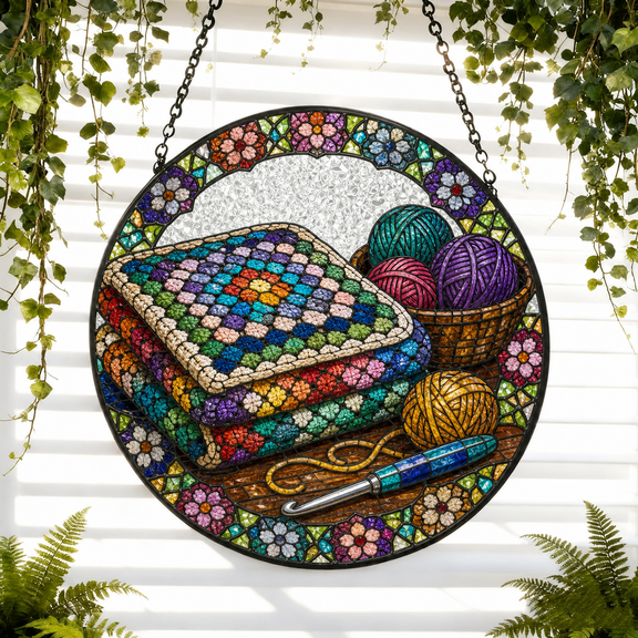 Round Stained Glass Suncatcher Window Hanging Acrylic Crochet Lover Gift