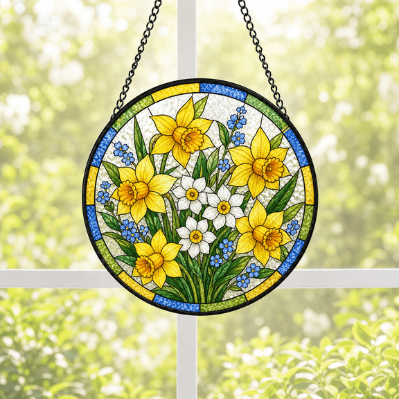 Round Stained Glass Suncatcher Window Hanging Acrylic Daffodil Garden Gift