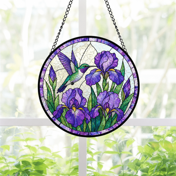 Round Stained Glass Suncatcher Window Hanging Acrylic Hummingbird Iris Gift