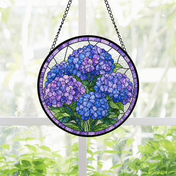 Round Stained Glass Suncatcher Window Hanging Acrylic Hydrangea Floral Gift