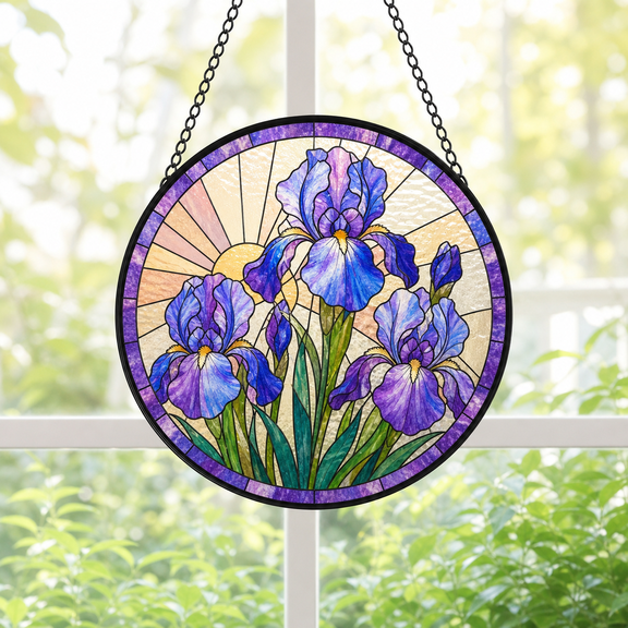 Round Stained Glass Suncatcher Window Hanging Acrylic Iris Flower Gift
