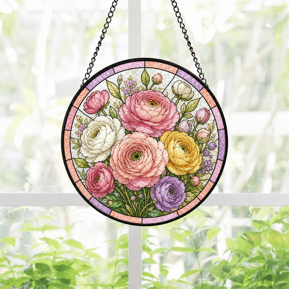 Round Stained Glass Suncatcher Window Hanging Acrylic Ranunculus Bouquet Gift