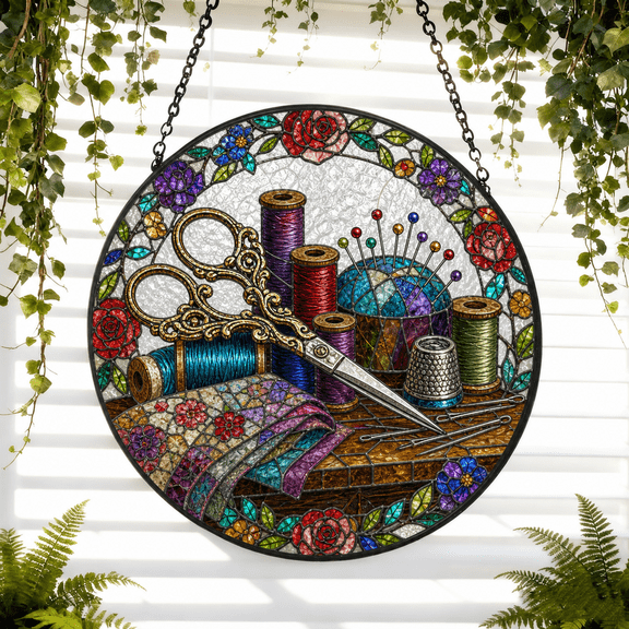 Round Stained Glass Suncatcher Window Hanging Acrylic Sewing Room Gift