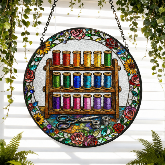 Round Stained Glass Suncatcher Window Hanging Acrylic Sewing Room Gift