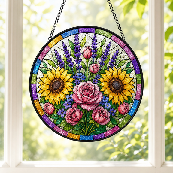 Round Stained Glass Suncatcher Window Hanging Acrylic Sunflower Rose Lavender Bouquet