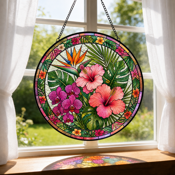 Round Stained Glass Suncatcher Window Hanging Acrylic Tropical Botanical Gift