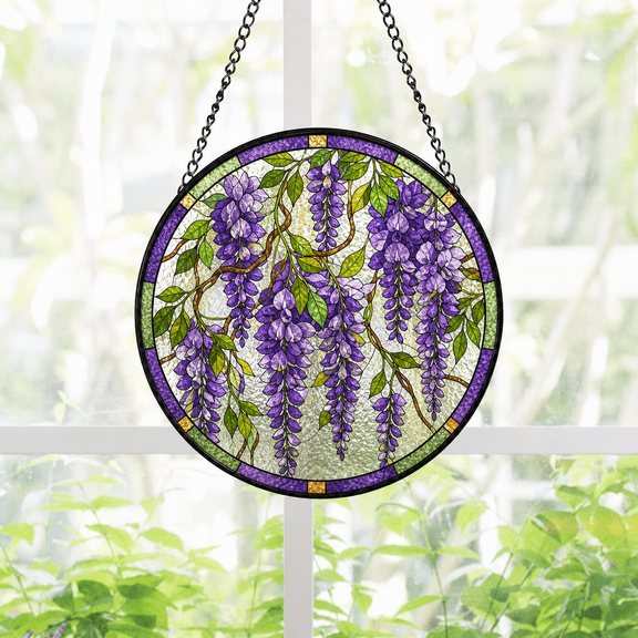 Round Stained Glass Suncatcher Window Hanging Acrylic Wisteria Gift for Mom