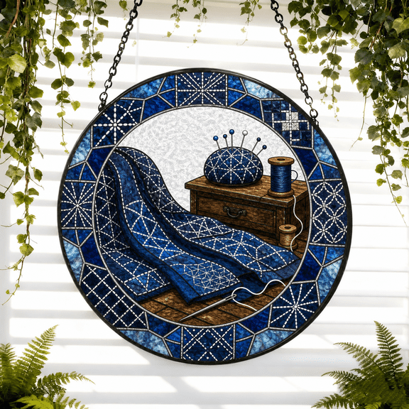 Round Stained Glass Suncatcher Window Hanging Acrylic for Sashiko Stitching Lovers