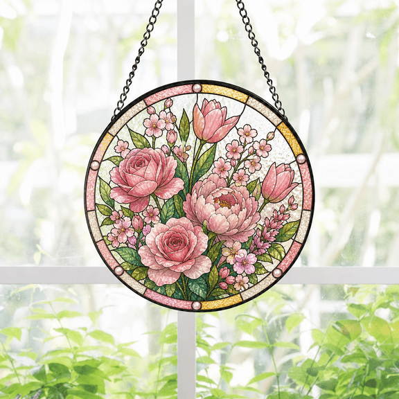 Round Stained Glass Suncatcher Window Hanging Blush Pink Flower Garden Gift