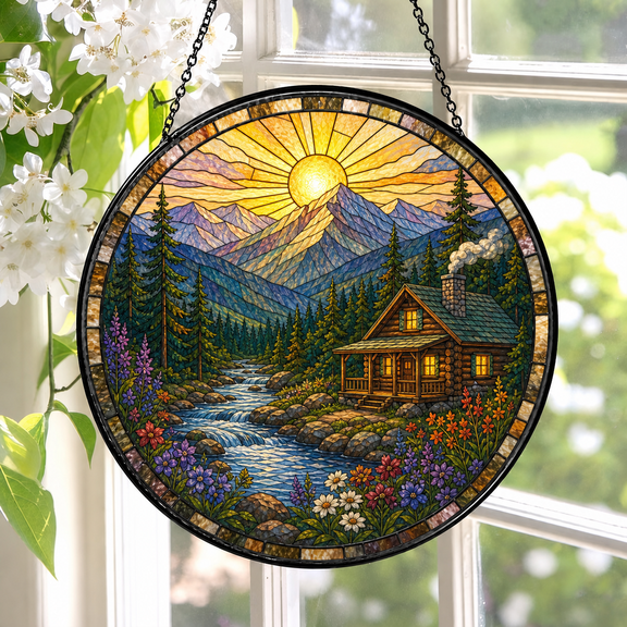 Round Stained Glass Suncatcher Window Hanging Cabin Mountain Sunrise Gift