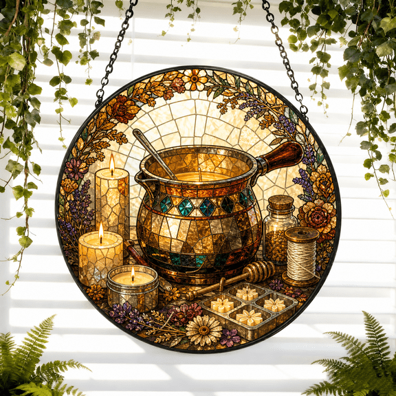 Round Stained Glass Suncatcher Window Hanging Candle Making Gift for Mom or Maker