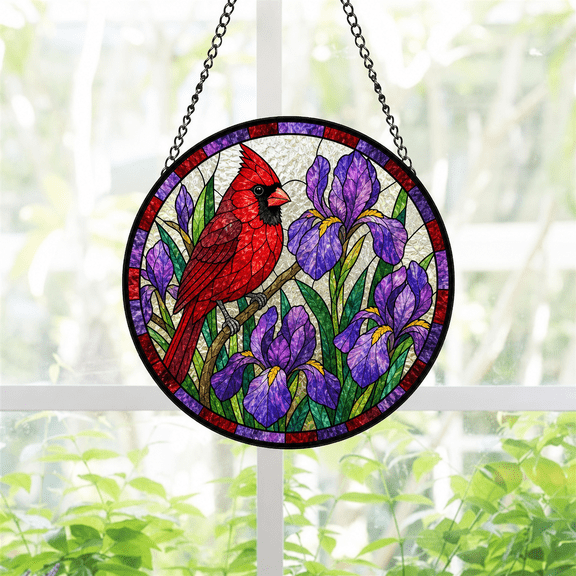 Round Stained Glass Suncatcher Window Hanging Cardinal Iris Bird Lover Gift
