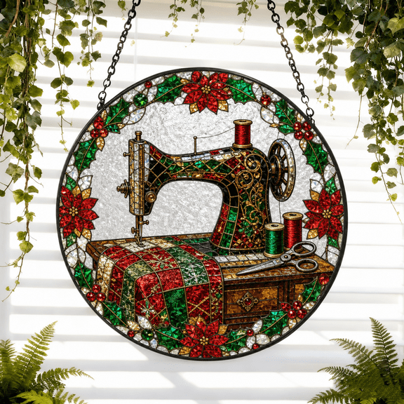Round Stained Glass Suncatcher Window Hanging Christmas Sewing Room Gift