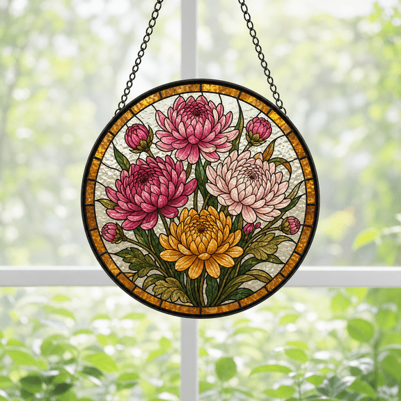 Round Stained Glass Suncatcher Window Hanging Chrysanthemum Floral Gift