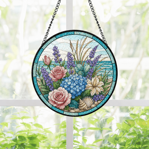 Round Stained Glass Suncatcher Window Hanging Coastal Flower Garden Gift