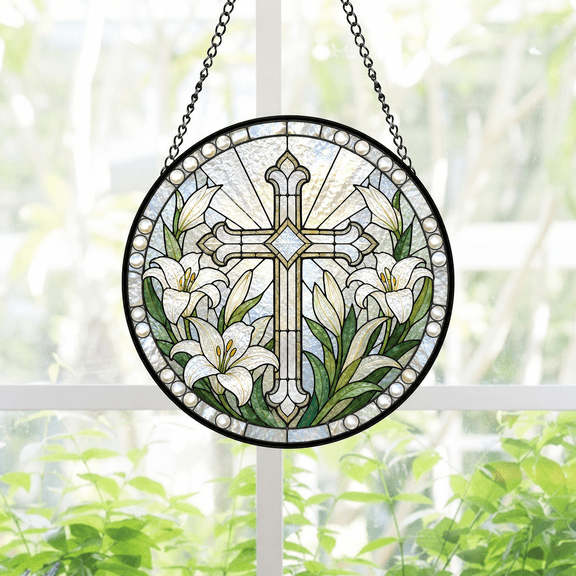 Round Stained Glass Suncatcher Window Hanging Cross & Lilies Faith Gift