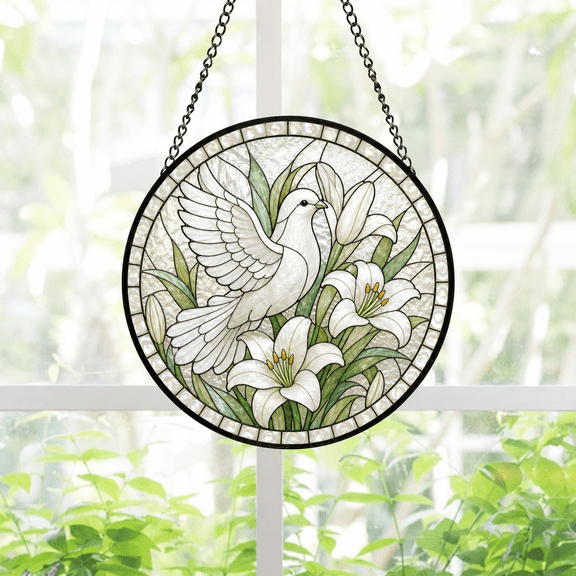 Round Stained Glass Suncatcher Window Hanging Dove & Lilies Peace Gift