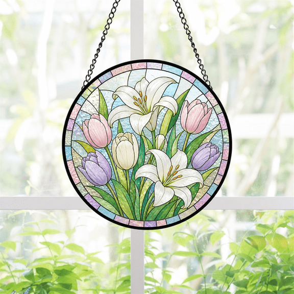 Round Stained Glass Suncatcher Window Hanging Easter Lily Garden Gift for Mom