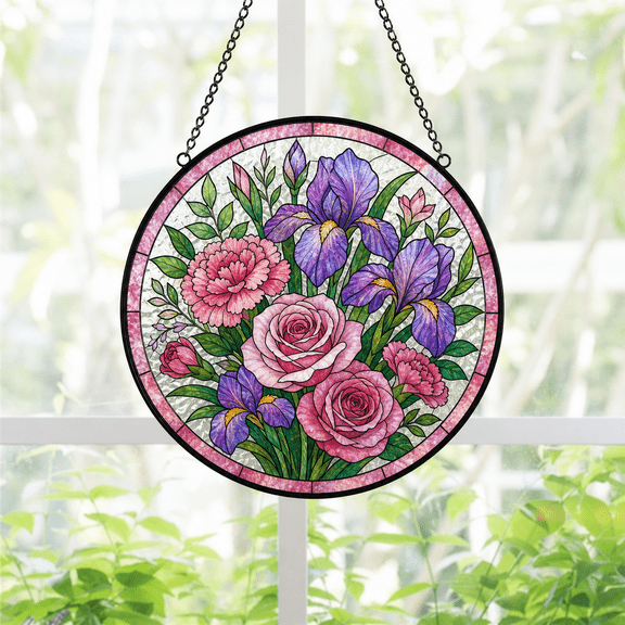 Round Stained Glass Suncatcher Window Hanging Floral Bouquet Mother's Day Gift