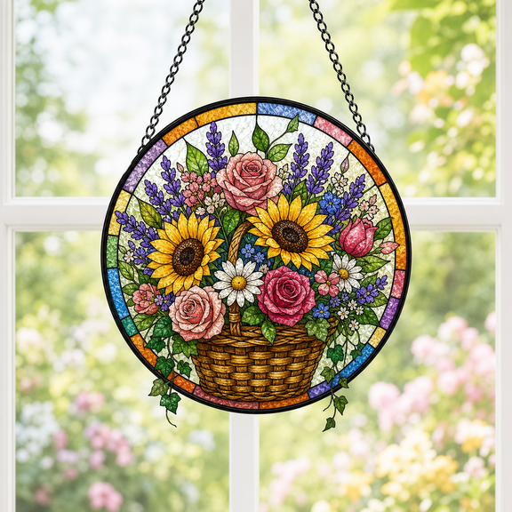 Round Stained Glass Suncatcher Window Hanging Flower Basket Bouquet Gift