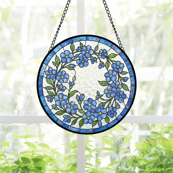 Round Stained Glass Suncatcher Window Hanging, Forget Me Not Remembrance Gift